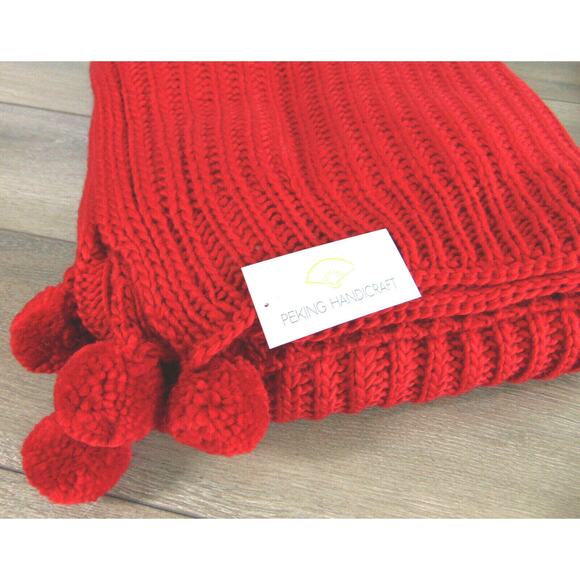 NEW Chunky Cable Knit POM POM THROW BLANKET Red 50x60" Cozy by Peking Handicraft - Picture 3 of 7